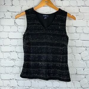 ANN TAYLOR Silk Beaded V-Neck Tank Top Black Side Zip Size 2